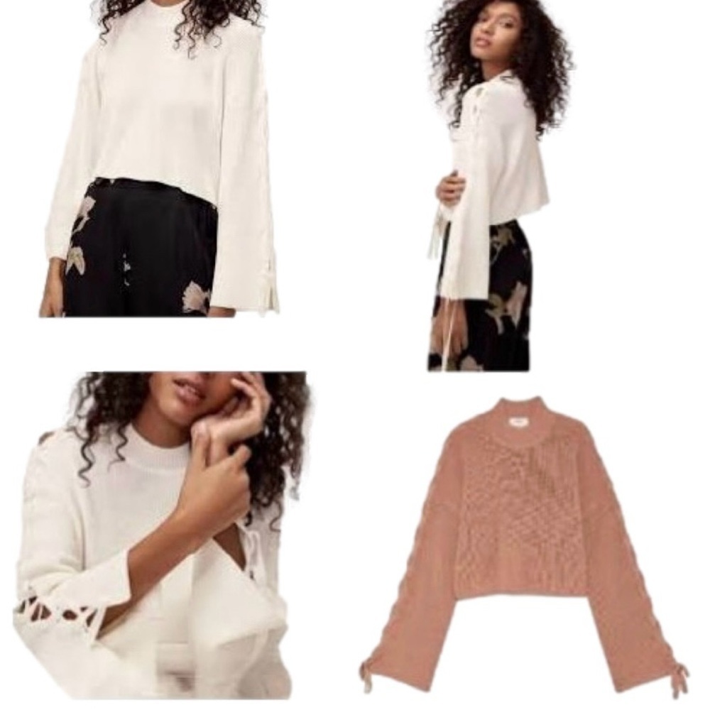 Aritzia Wilfred Women Salome Lace Up Sleeve Cropped Sweater Size XS Salmon Pink